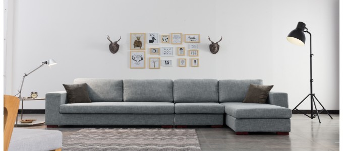Ensemble canap&eacute; d'angle droit et fauteuil en tissu gris - Op&eacute;ra
