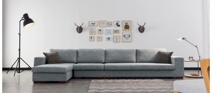 Ensemble canap&eacute; d'angle gauche et fauteuil en tissu gris - Op&eacute;ra