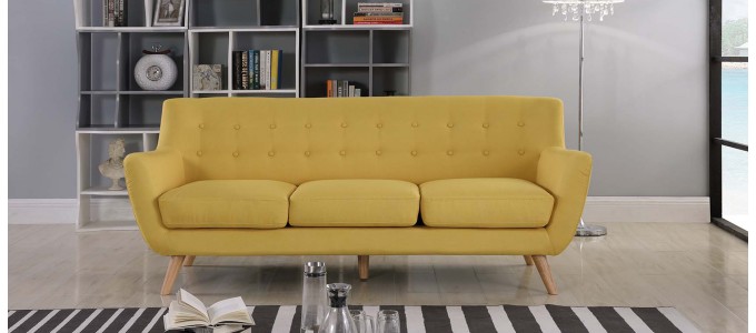 Canap&eacute; 3 places scandinave en tissu jaune moutarde - Nils